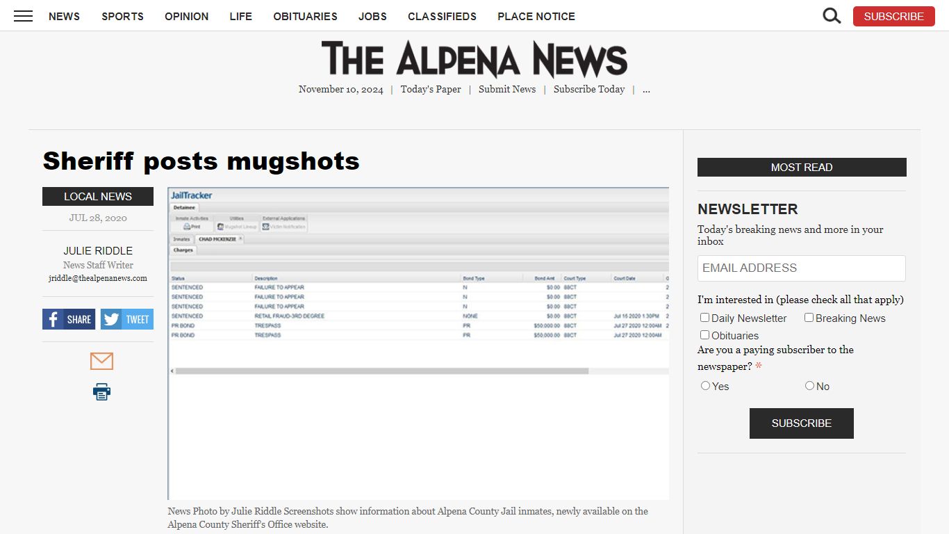 Sheriff posts mugshots | News, Sports, Jobs - The Alpena News