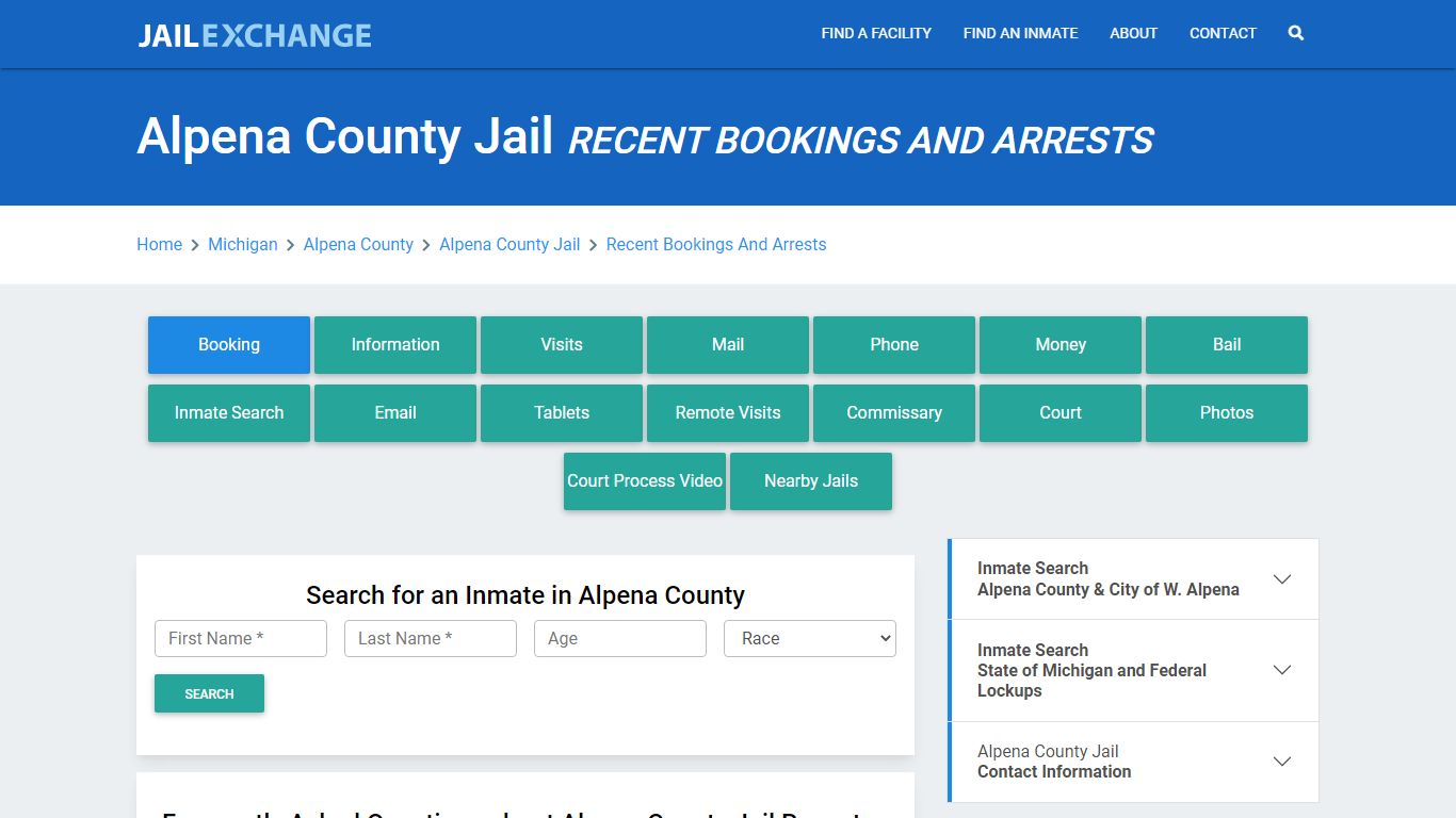 Alpena County Jail Recent Bookings And Arrests - Jail Exchange